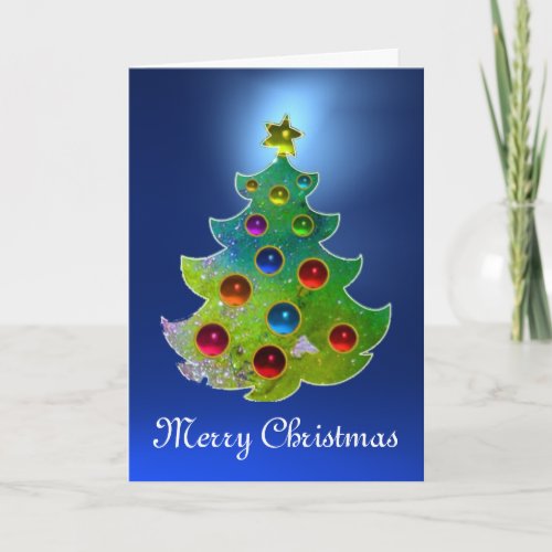 COLORFUL CHRISTMAS TREE IN GREEN GOLD SPARKLES HOLIDAY CARD