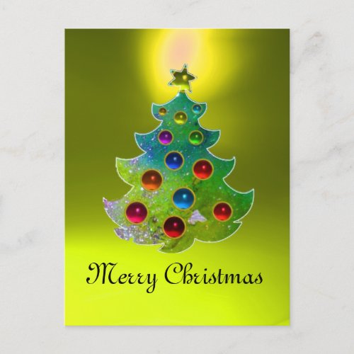 COLORFUL CHRISTMAS TREE IN GREEN GOLD SPARKLES HOLIDAY POSTCARD