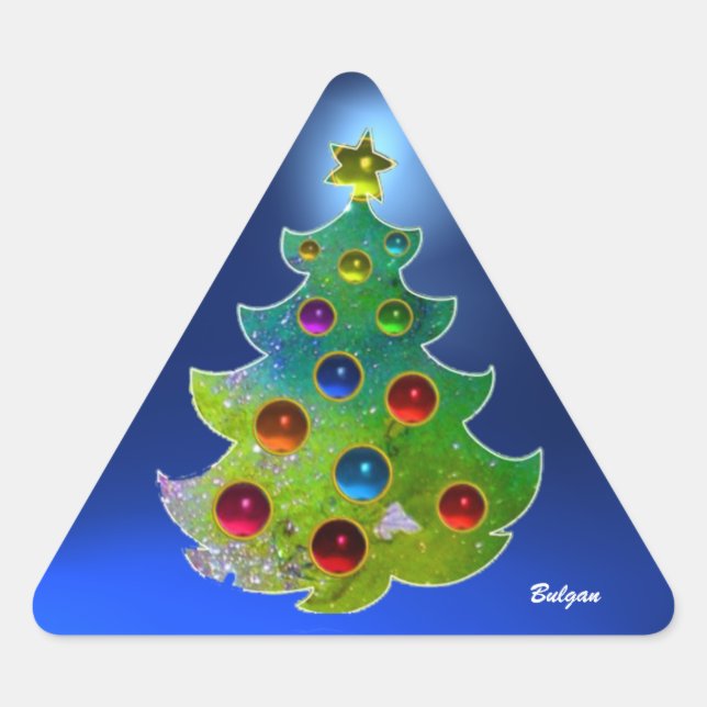 COLORFUL CHRISTMAS TREE IN GREEN GOLD SPARKLES TRIANGLE STICKER (Front)