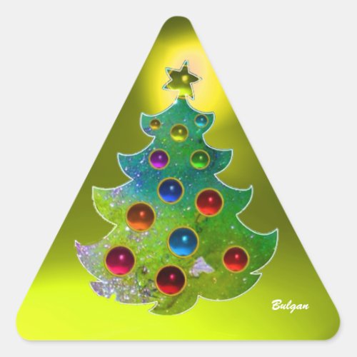 COLORFUL CHRISTMAS TREE IN GREEN GOLD SPARKLES TRIANGLE STICKER