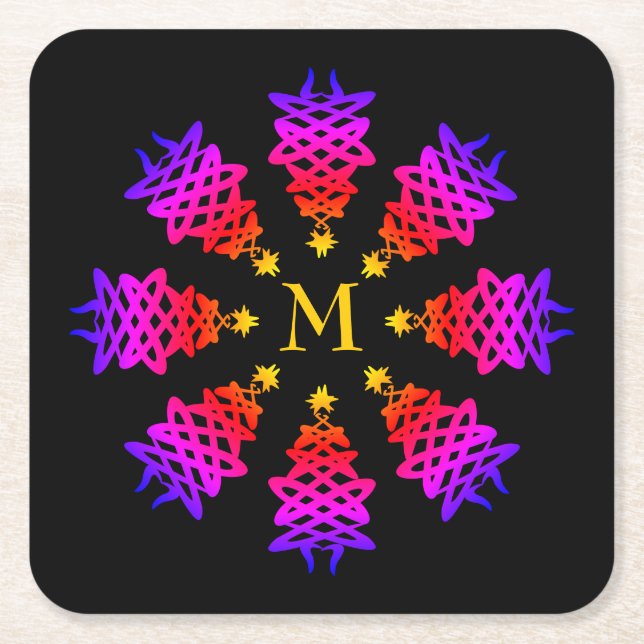 Colorful | CHRISTMAS TREE | Monogram Square Paper Coaster (Front)