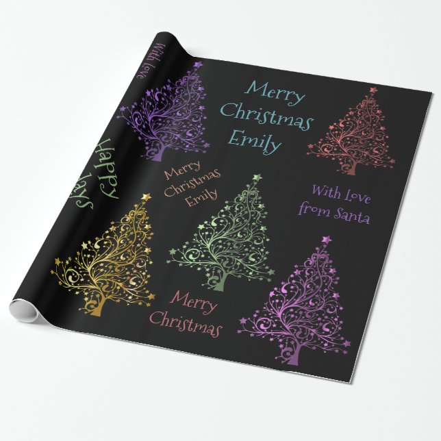 Colorful Christmas Tree Pattern with Name Wrapping Paper (Unrolled)