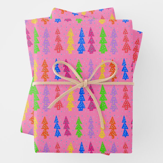 Colorful Christmas Tree Pop Art Pink Wrapping Paper Sheets (In situ)