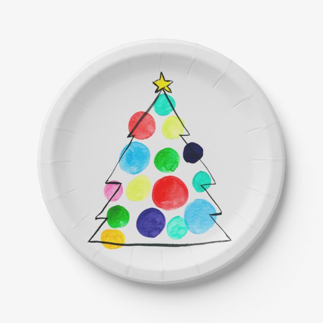 Colorful Christmas tree watercolor Paper Plates (Front)