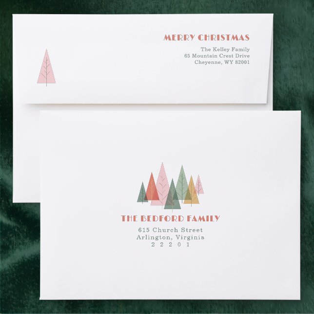 Colorful Christmas Trees Back Addressed Envelopes (Green)