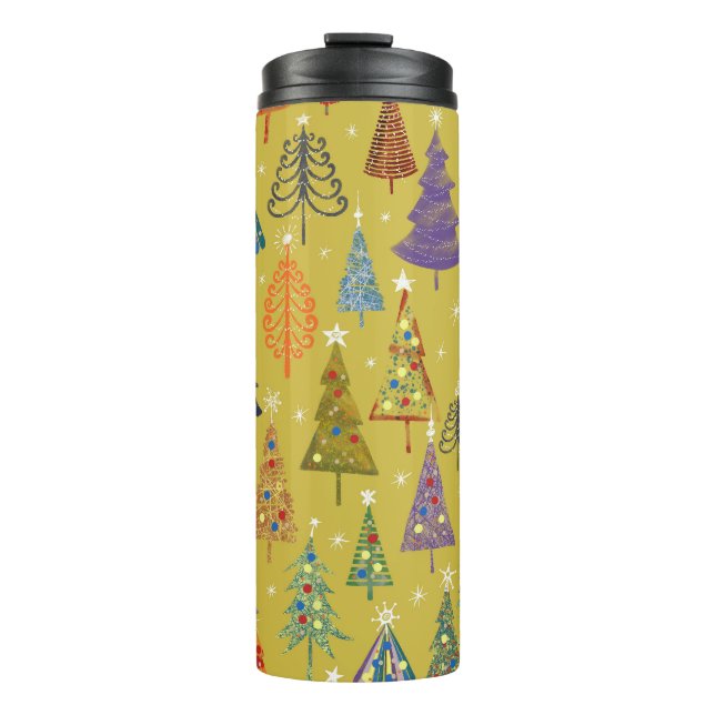 Colorful Christmas Trees: Festive Background. Thermal Tumbler (Front)