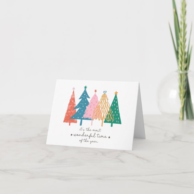 Colorful Christmas Trees Folded Blank Christmas Card (Front)