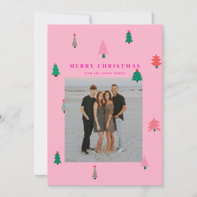Colorful Christmas Trees Hot Pink Christmas Card (Front)