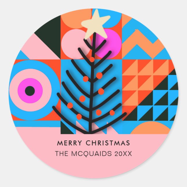 Colorful Christmas Trees Modern Geometric  Classic Round Sticker (Front)