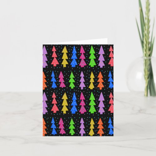 Colorful Christmas Trees on Black Holiday Card