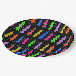 Colorful Christmas Trees on Black Paper Plates