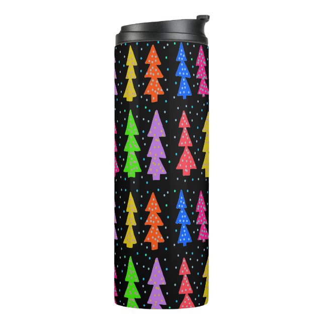 Colorful Christmas Trees on Black Thermal Tumbler (Rotated Left)