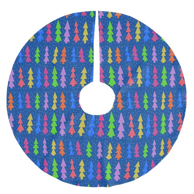 Colorful Christmas Trees on Blue Brushed Polyester Tree Skirt (Front)