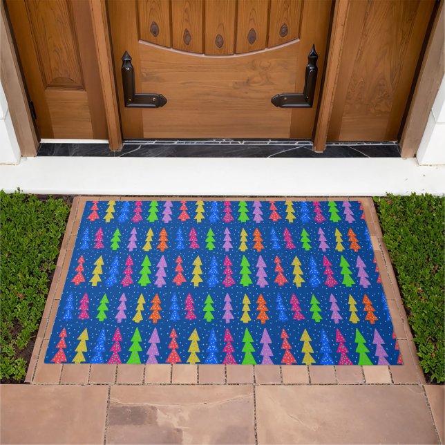 Colorful Christmas Trees on Blue Doormat (Outdoor)