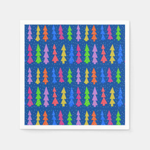 Colorful Christmas Trees on Blue Napkins
