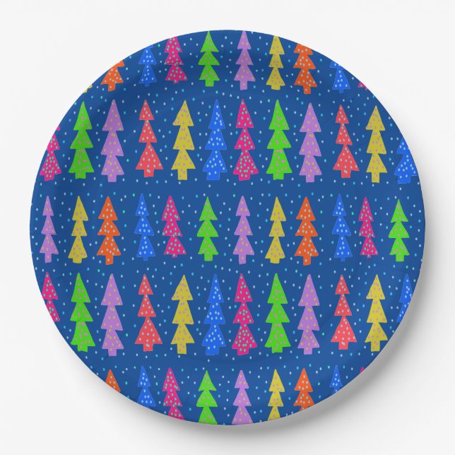 Colorful Christmas Trees on Blue Paper Plates (Front)