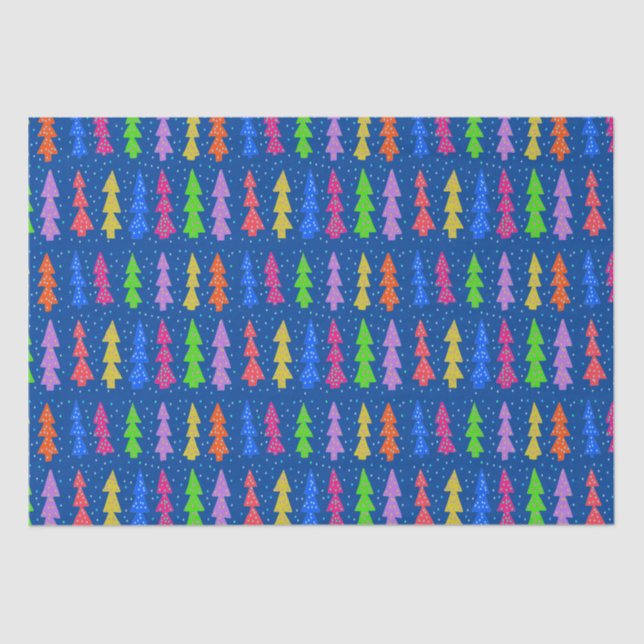Colorful Christmas Trees on Blue Tissue Paper (Front)