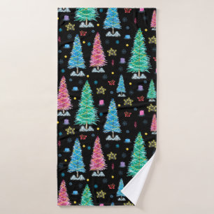 Colorful Christmas trees on Christmas night illust Bath Towel
