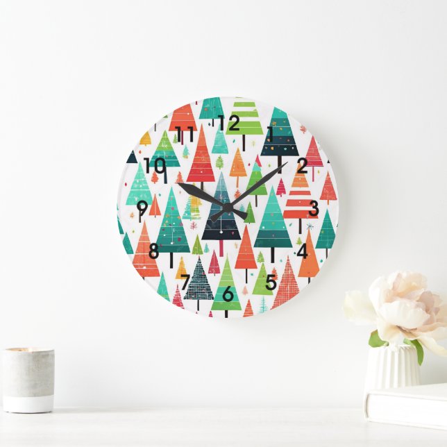 Colorful Christmas Trees Pattern Large Clock (Home)