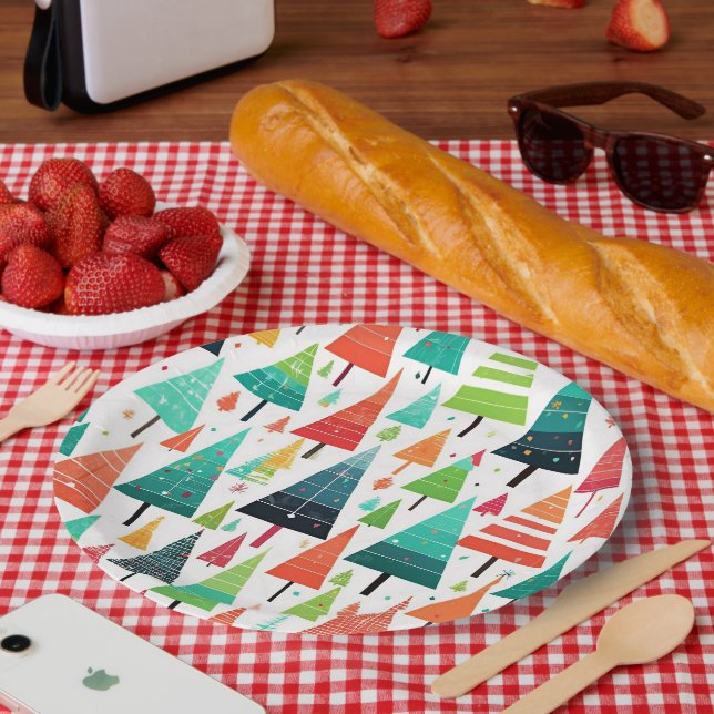Colorful Christmas Trees Pattern Paper Plates (Picnic)