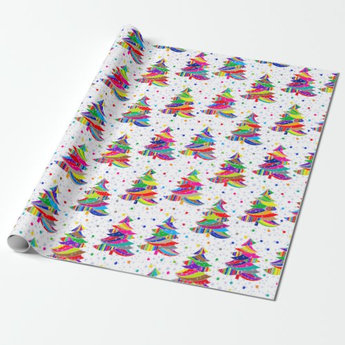 Colorful Christmas Trees Snowflakes Wrapping Paper