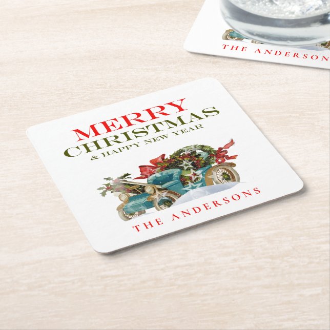 Colorful Christmas Vehicle Merry Christmas Party Square Paper Coaster (Angled)