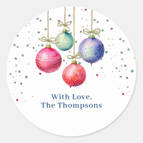 Colorful Christmas Watercolor Ornaments Custom Classic Round Sticker