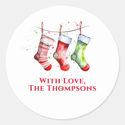 Colorful Christmas Watercolor Stocking Custom Classic Round Sticker