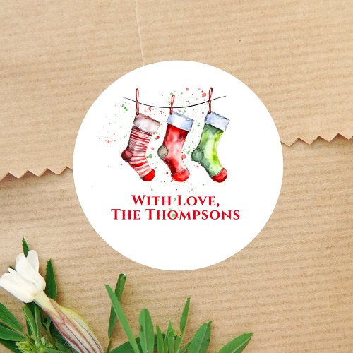 Colorful Christmas Watercolor Stocking Custom Classic Round Sticker