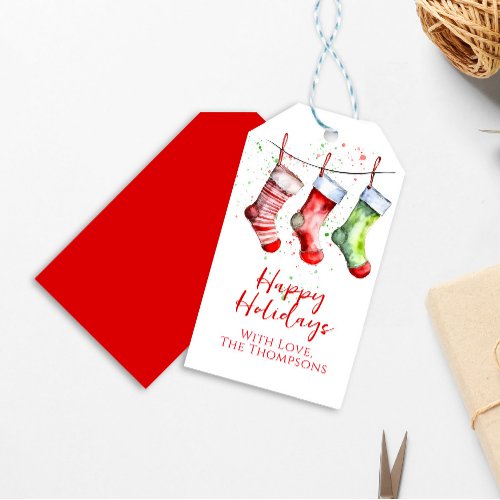 Colorful Christmas Watercolor Stocking Custom Gift Tags