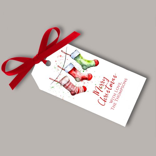 Colorful Christmas Watercolor Stocking Custom Gift Tags