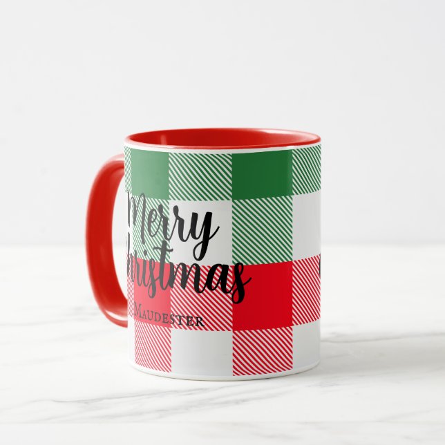 Colorful Christmas White Green Red Buffalo Plaid Mug (Front Left)