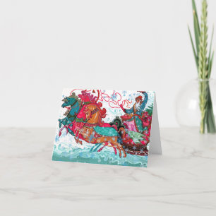 Colorful Christmas With Santa And Horses Holiday Card