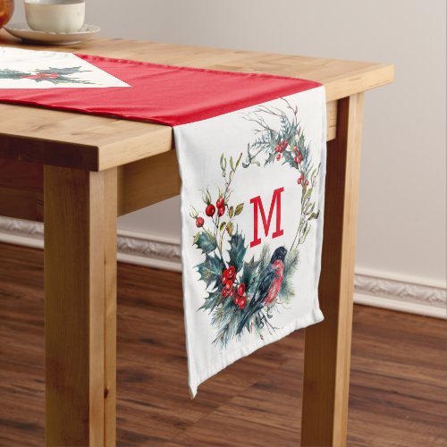 Colorful Christmas wreath and bullfinch illustrati Long Table Runner