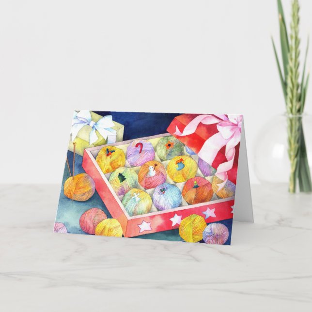 Colorful Christmas Yarn Ball Gift Box Holiday Card (Front)