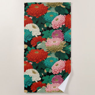 Colorful Chrysanthemums Vintage Floral Pattern Beach Towel