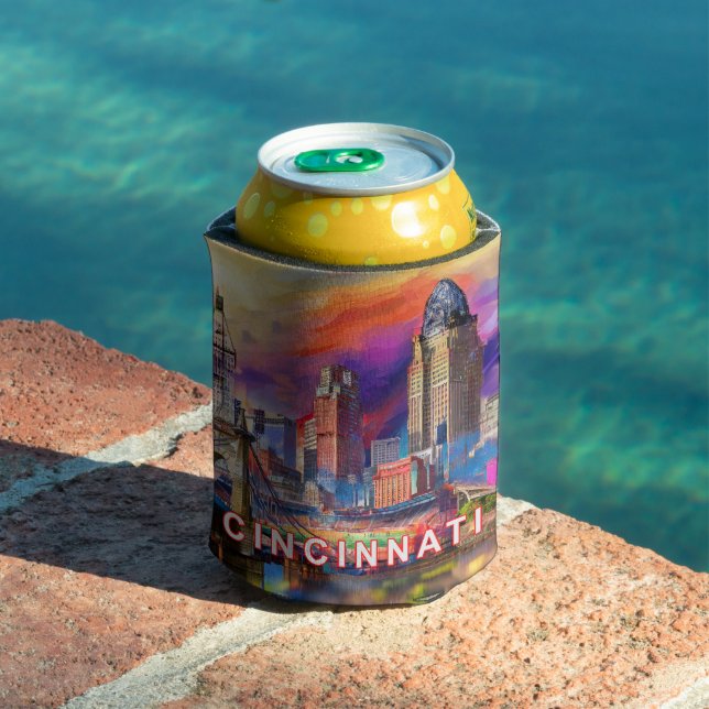 Colorful Cincinnati Skyline Abstract Art Can Cooler (In Situ Pool)