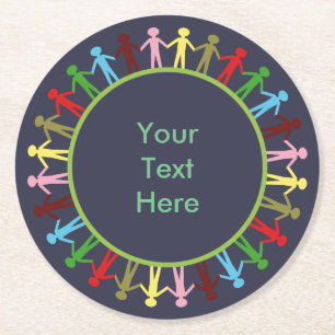 Colorful Circle of People Custom Text Round Paper Coaster