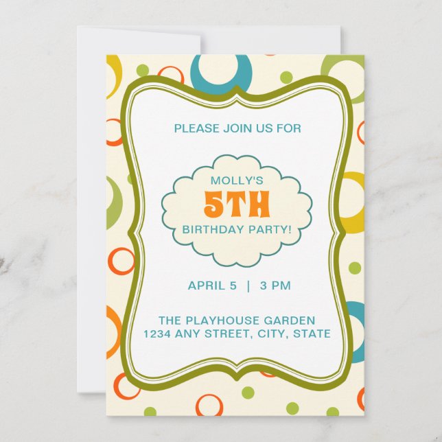Colorful Circle Pattern Frame Fifth Birthday Party Invitation (Front)