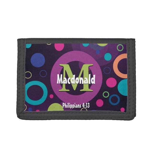 Colorful Circles Monogram Personalized PURPLE Trifold Wallet (Front)
