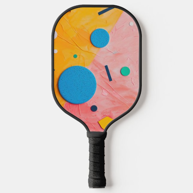 Colorful circles on pink and yellow pickleball paddle (Front)
