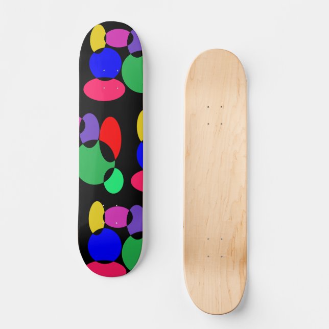 Colorful circles pattern on black skateboard (Front)