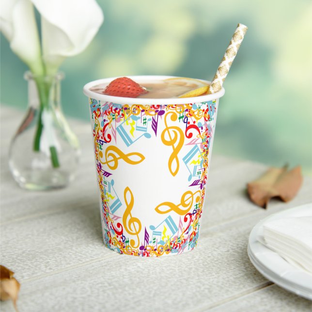 Colorful Circular Jumbled Music Notes Paper Cups (Insitu)