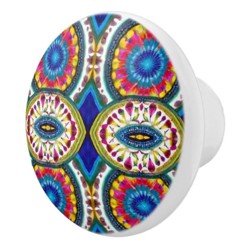 Colorful circular pattern on blue ceramic knob