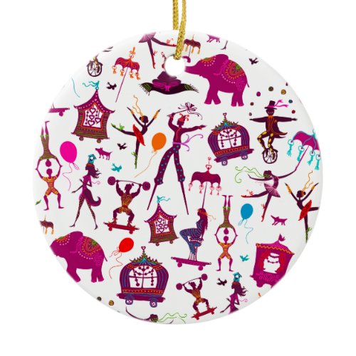 colorful circus characters on white ceramic ornament