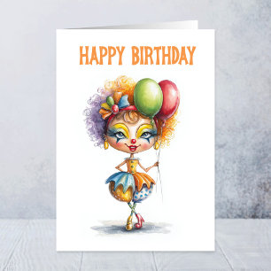 Colorful Circus Clown Holding Balloons Birthday Card