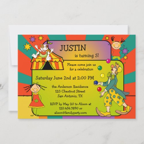 Colorful Circus Kids Birthday Party Invitation