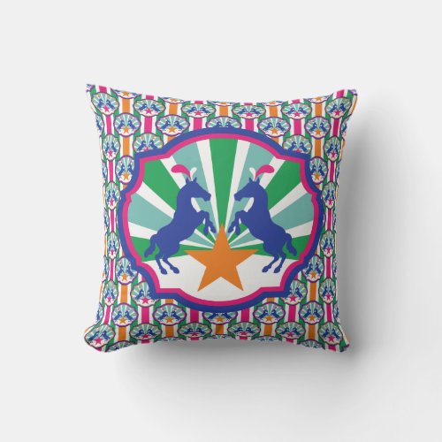 Colorful Circus Show Ponies Pattern Throw Pillow