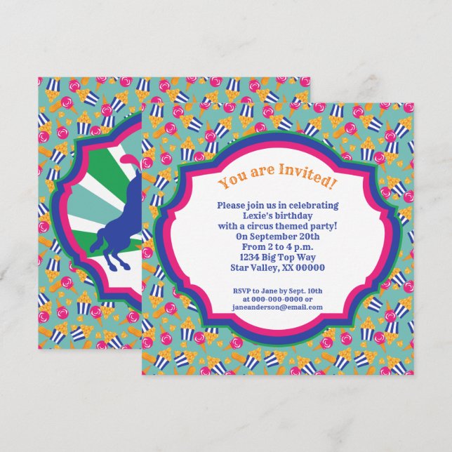Colorful Circus Snacks and Show Ponies Birthday Invitation (Front/Back)
