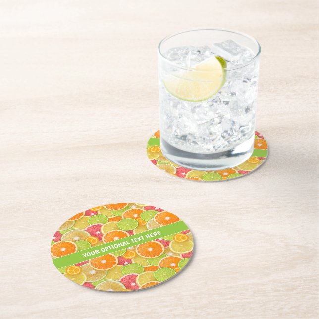 Colorful Citrus custom text paper coasters (Insitu)